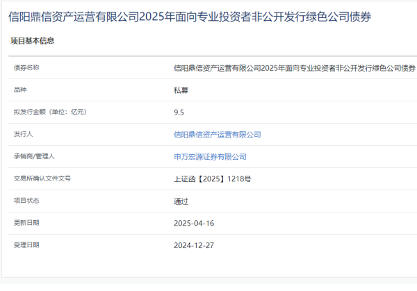 日升策略 信阳鼎信资产运营公司拟发行9.5亿元绿色公司债获通过